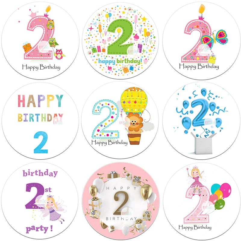 2 Years Birthday Decor Stickers Labels Boy Girls Cumpleaños Anniversary Self-adhesive Kids Party Decor Round Shape