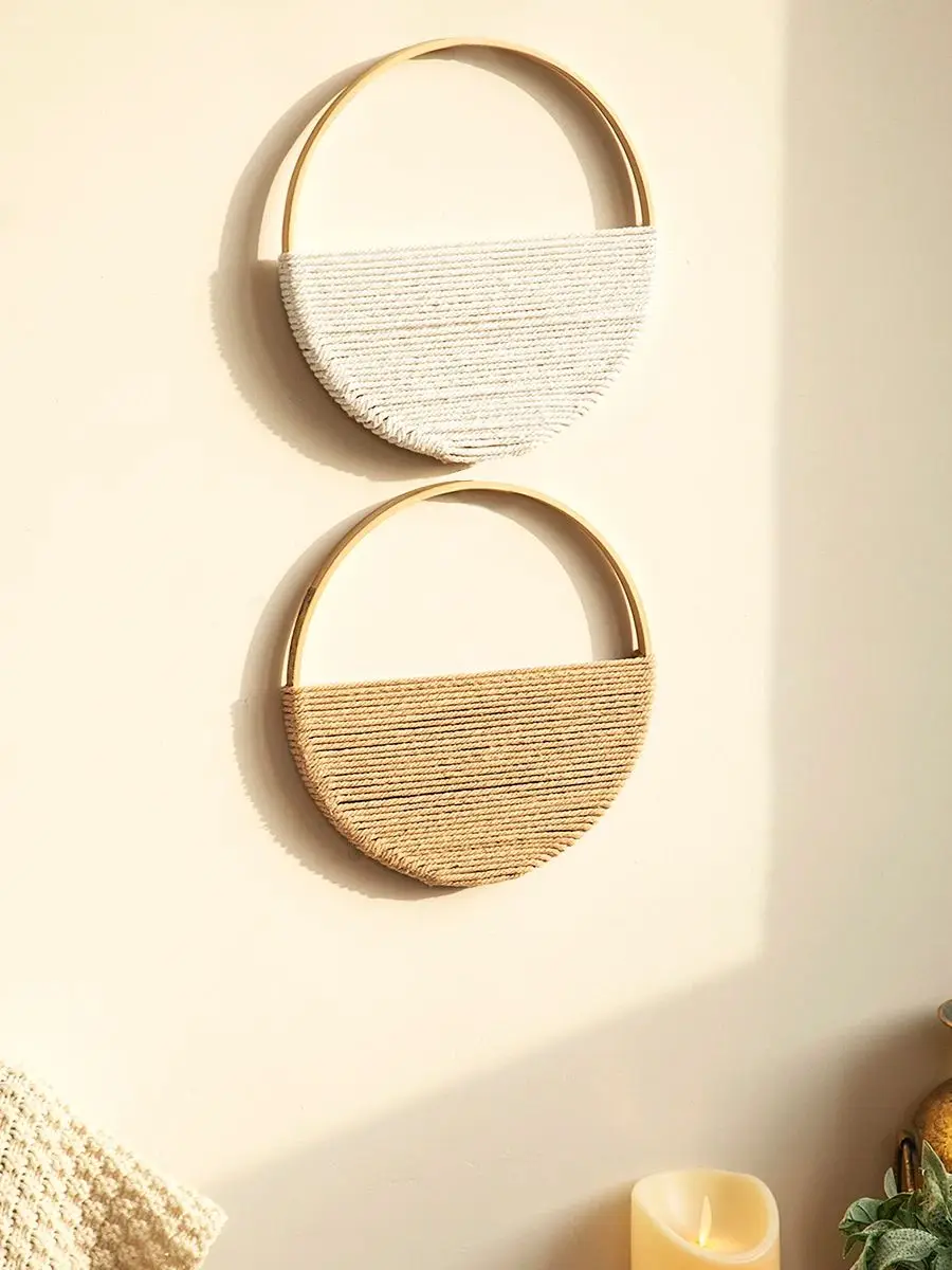 2pcs Macrame Round Wall Hanging Woven Tapestry Bamboo Circle Wall Decor Boho Home Decorations Living Room Decors Aesthetic Gifts