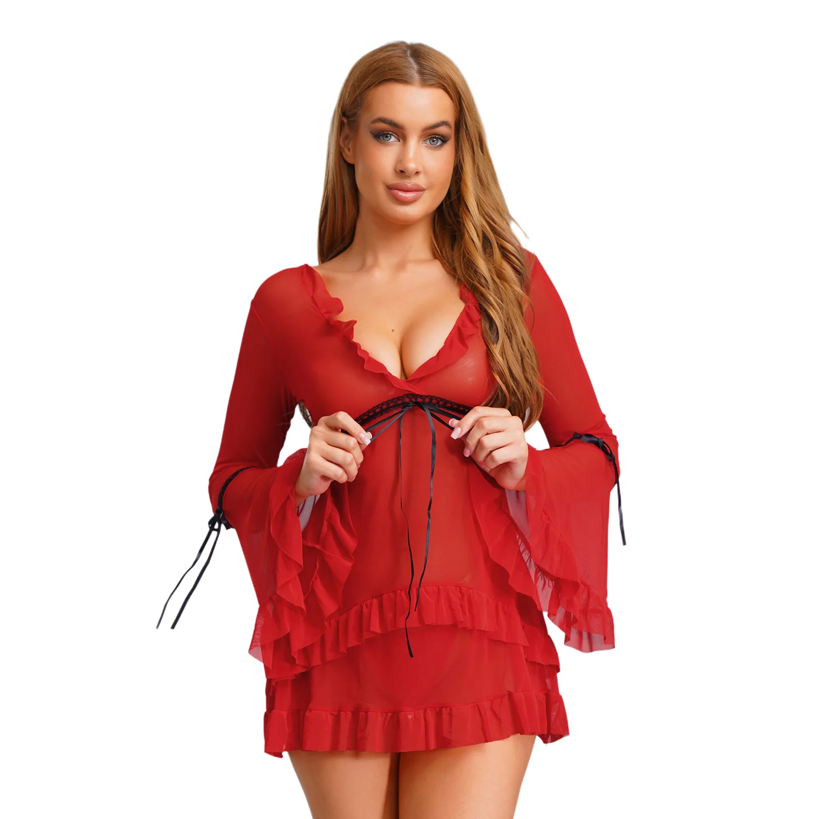 

Women's Sheer Mesh Sleep Dress with T-back Thong Long Flared Sleeve Lace-up Ruffled Mini Dress Nightwear Lingerie Loungewear