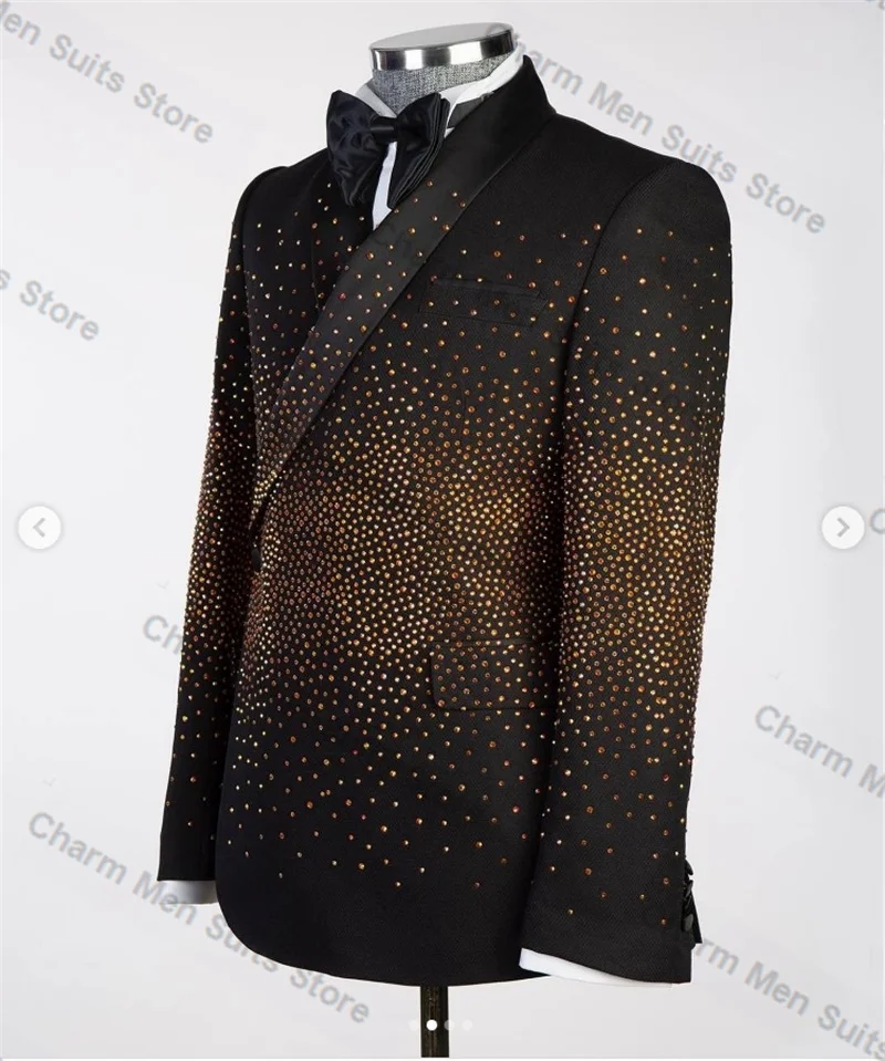 Golden Crystals Men Suits Pants Set 2 Pcs Black Blazer+Trouser Customized Groom Wedding Tuxedo Formal Office Wedding Prom Jacket
