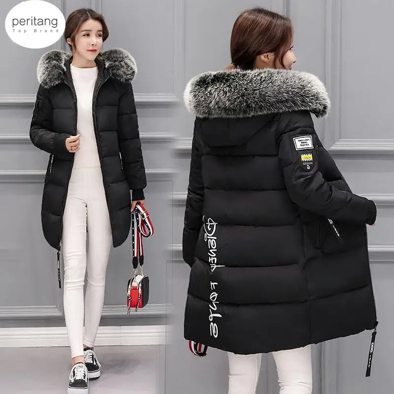 PERITANG Winter European American Women's Clothing Korean Style Cotton Coat with Large Faux Fur Collar Thickened Cotton Jacket