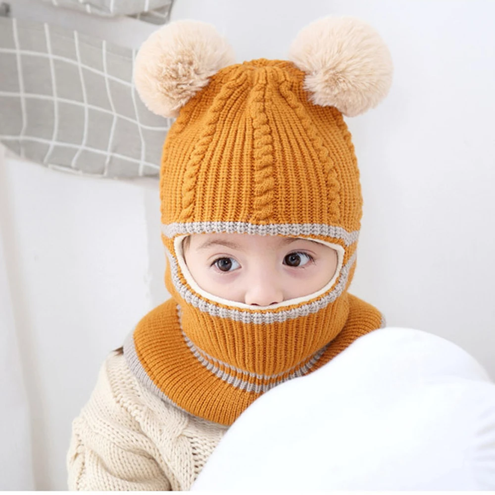 Children\'s Caps Boys Girls Knitted Woolen Beanie Hat Winter Baby Warm Hats With Scarf Cover For Kids 1-6 Year Windproof Cap