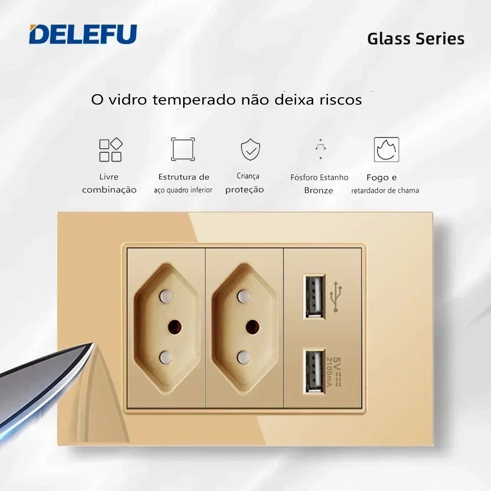 DELEFU 4*2 Gold Tempered Glass Brazil Standard Outlet Dual Usb Type C Wall Socket Light Switch Switzerland 10A 20A image 2