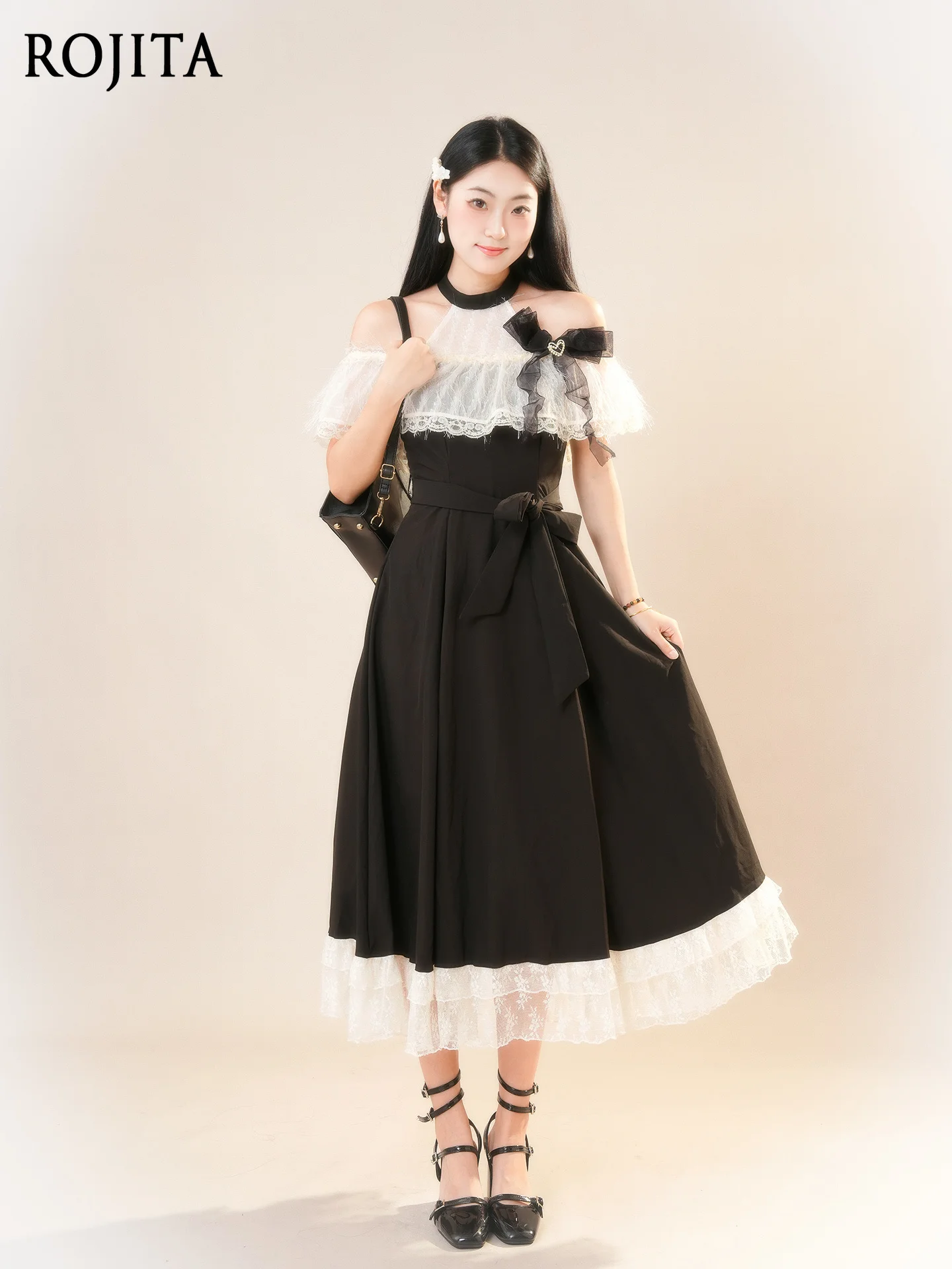 

Gentle and Elegant Dress for Women Tied Princess Lace One-word Shoulder Dress, Japanese Daughter Lady Long Dresses Summer Dress