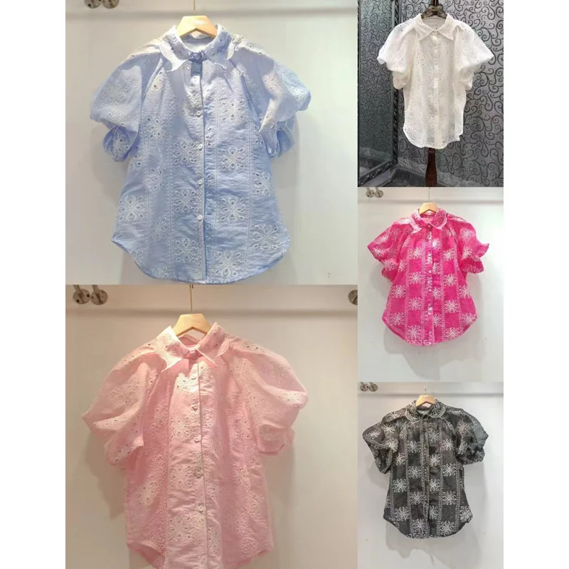 Women Hollow Out Design Shirt Fashion Embroidered Bubble Short Sleeved Shirts 2024 Summer Female Niche Versatile Blouse Tops