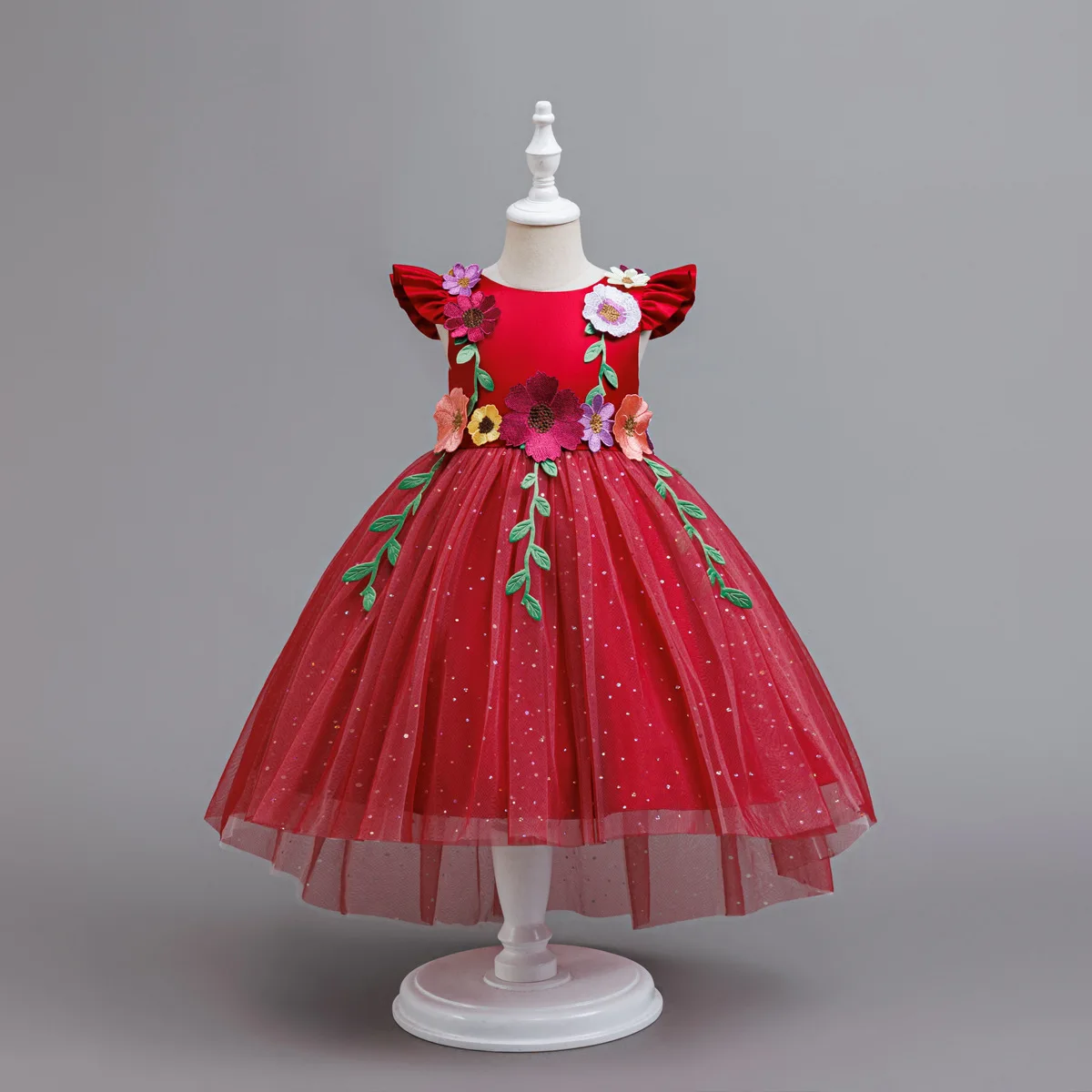 

HETISO Girls Princess Dress 3D Flower Red Christmas Lace Dots Embroidery Formal Party Birthday Gown for Kids Children 2-10Y