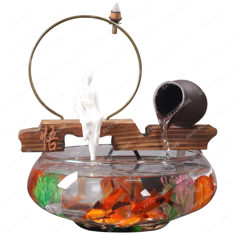 

Creative Mini Glass Fish Tank Aquarium Self-Circulation Home Living Room Office Desktop Water Fountain Decoration