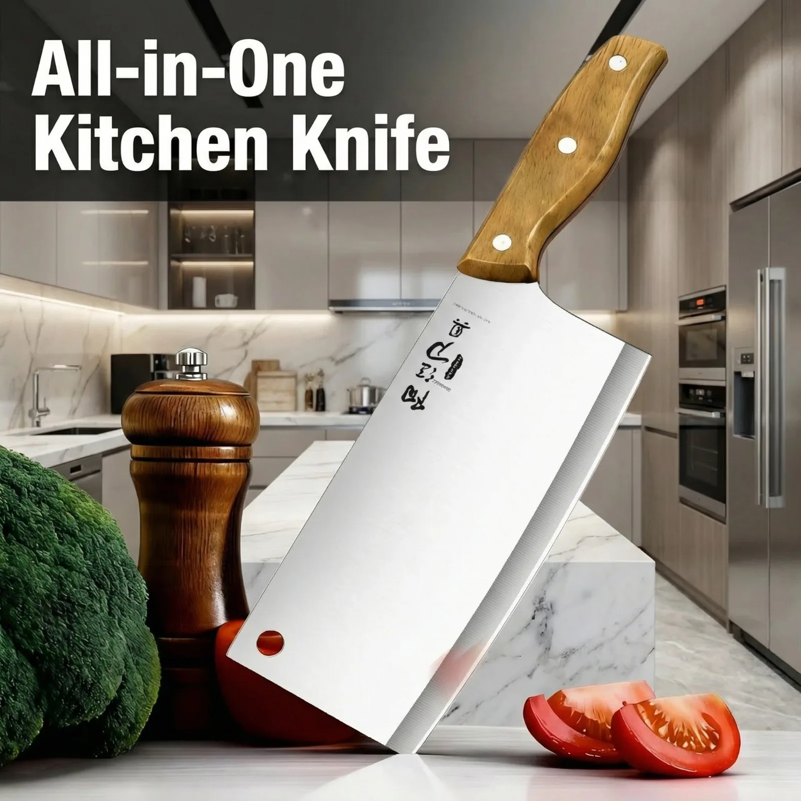 Cuchillo de Cocina Mejorado, Cuchillo de Chef para Carne - Cuchillo Multifuncional de Acero Inoxidable con Mango de Madera para Cortar Carne y Verduras