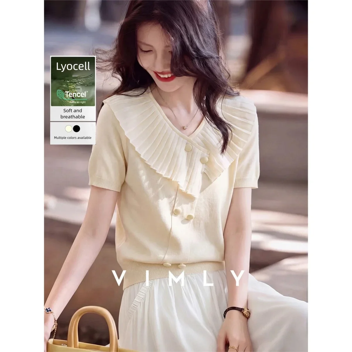 VIMLY Women Knitted T-Shirt Summer 2026 New Elegant Gentle V Neck Apricot Ruffled Short Sleeve Top Fashion Daily Wear 75376