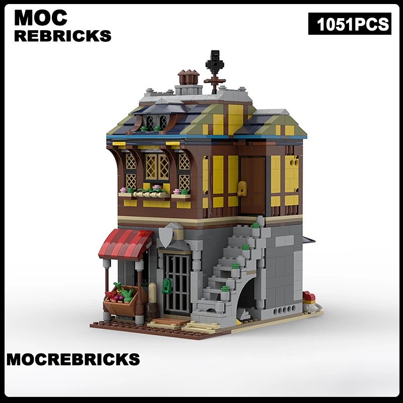 MOC ストリートビューシリーズ中世商人の家モジュラーアパートビルディングブロックモデルレンガディスプレイクリエイティブ DIY パズルおもちゃ