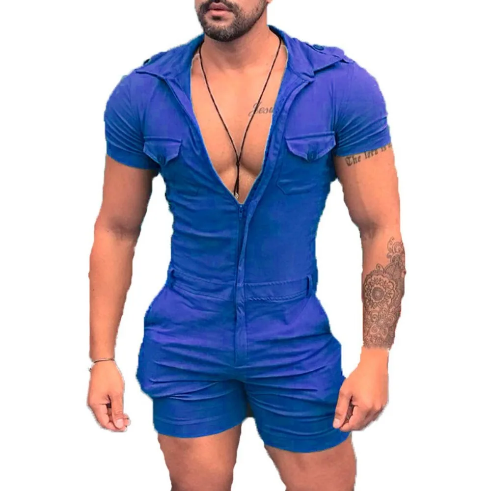 Men's Solid Color Hooded Bodysuit Zip Shorts One Piece Set