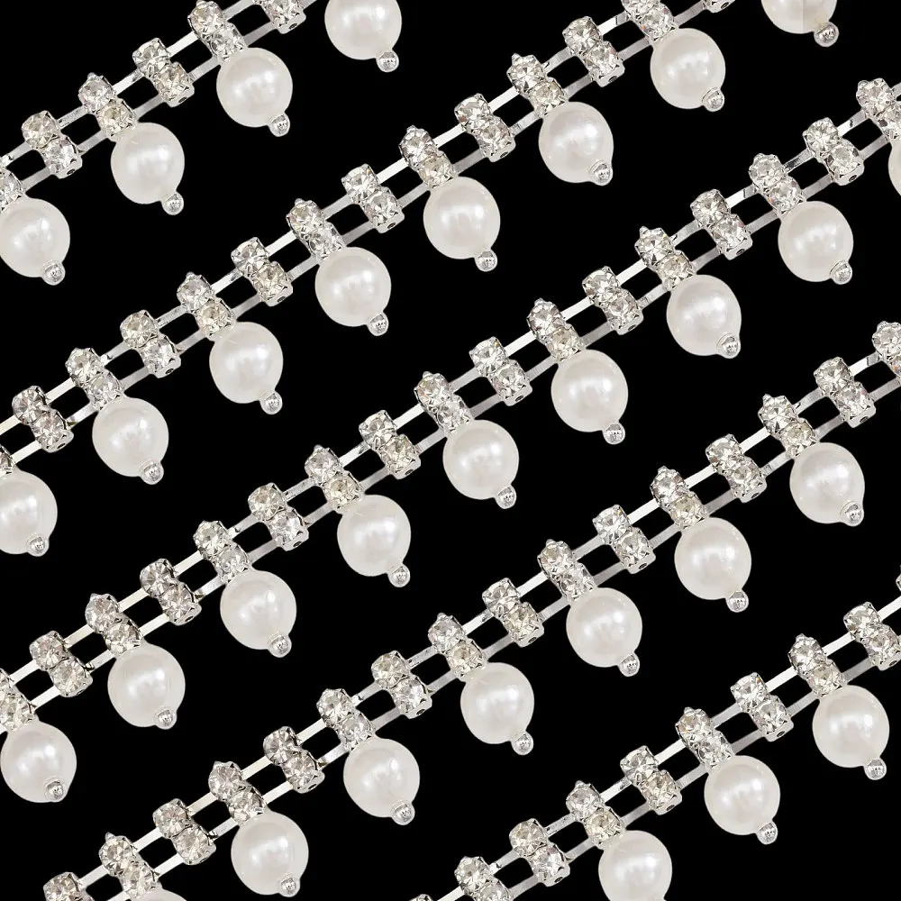 1Yard 1.7cm Wide Pearl Cup Chains Pearl Rhinestone Fringe Trim Tassel Chain for Sewing Crafts Wedding Dress Clothing Accessories