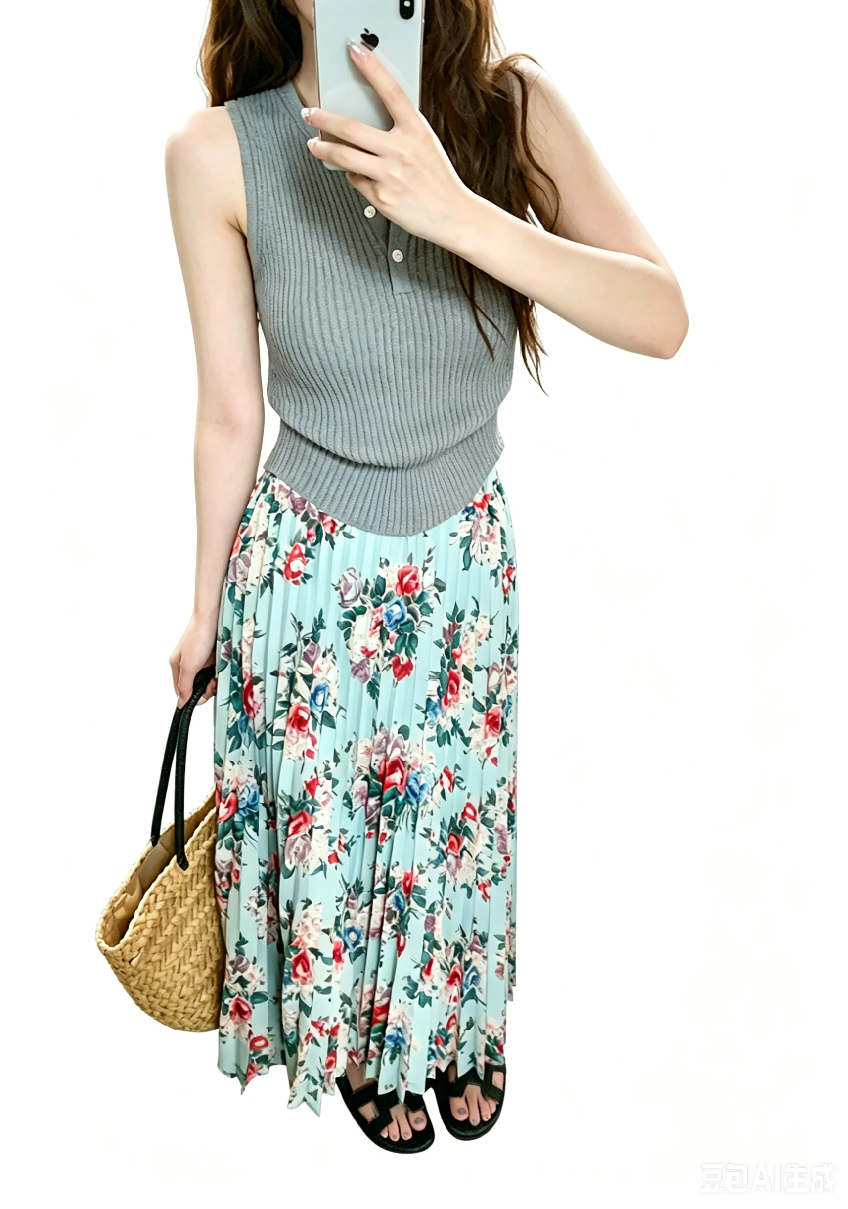 Chic French Elegant Lady Mint Green Vintage Rose Floral Pleated Maxi Skirt Elastic High Waist Big Flower Swing A Line Long Skirt