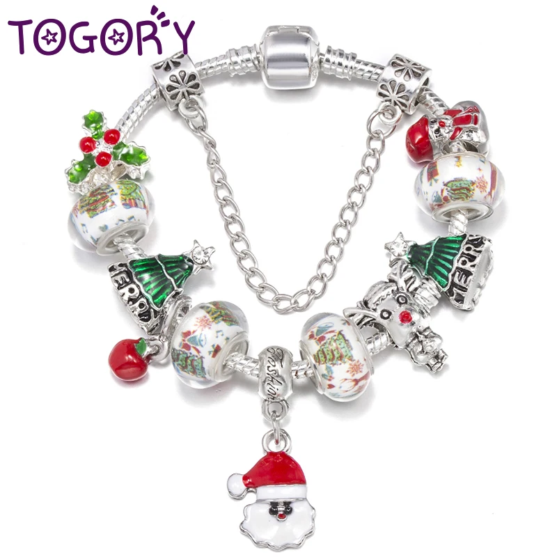 Pulseras con dijes de estilo navideño para mujer y niña, brazaletes con cuentas de árbol de navidad de papá noel, bisutería, regalo de joyería