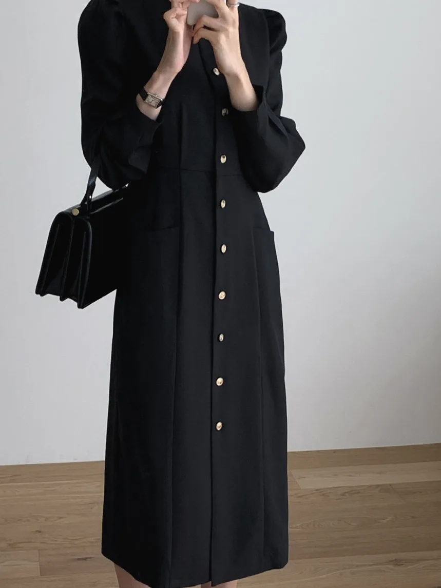 

Spring Chic Slim Fit Women's Dr with Bubble Sves Single Button Mid-Length Faionable And Sli Long Sve Dr