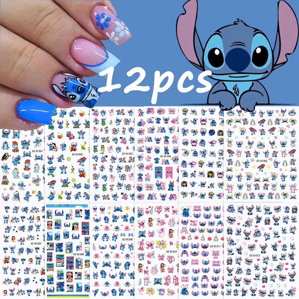 12sheet Cartoon Stitch Angel Nail Stickers Set Multiple Action Kawaii Stitch Nail Art Decals Adhesive Kids Manicure Decorations