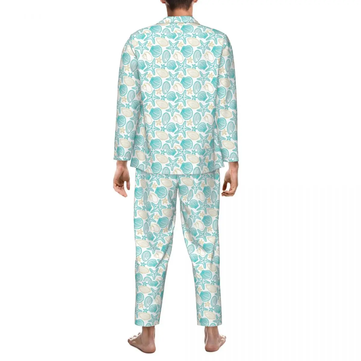 Pyjama's Man Beachy Zeeschelpen Kamer Nachtkleding 2-delig Casual losse pyjamasets Comfortabel oversized thuispak met lange mouwen