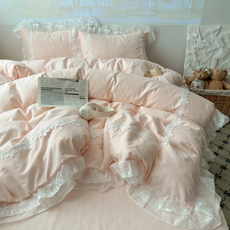 Korean Princess Style Lace Bedding Set 100% Cotton Double Queen King Size Duvet Cover Bed Sheet/Fitted Sheet Pillowcases 4Pcs