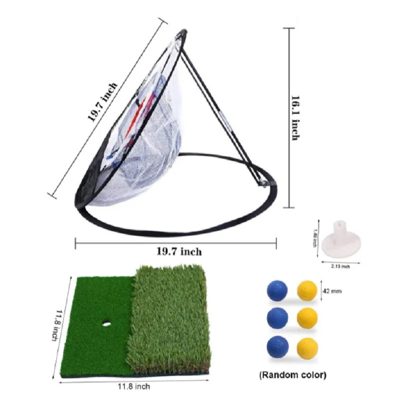 Golf Chipping Net Dual Turf Hitting Mat With Rubber Tee Combo 3-Target Hole Practice Training Aid with 6 Training Balls