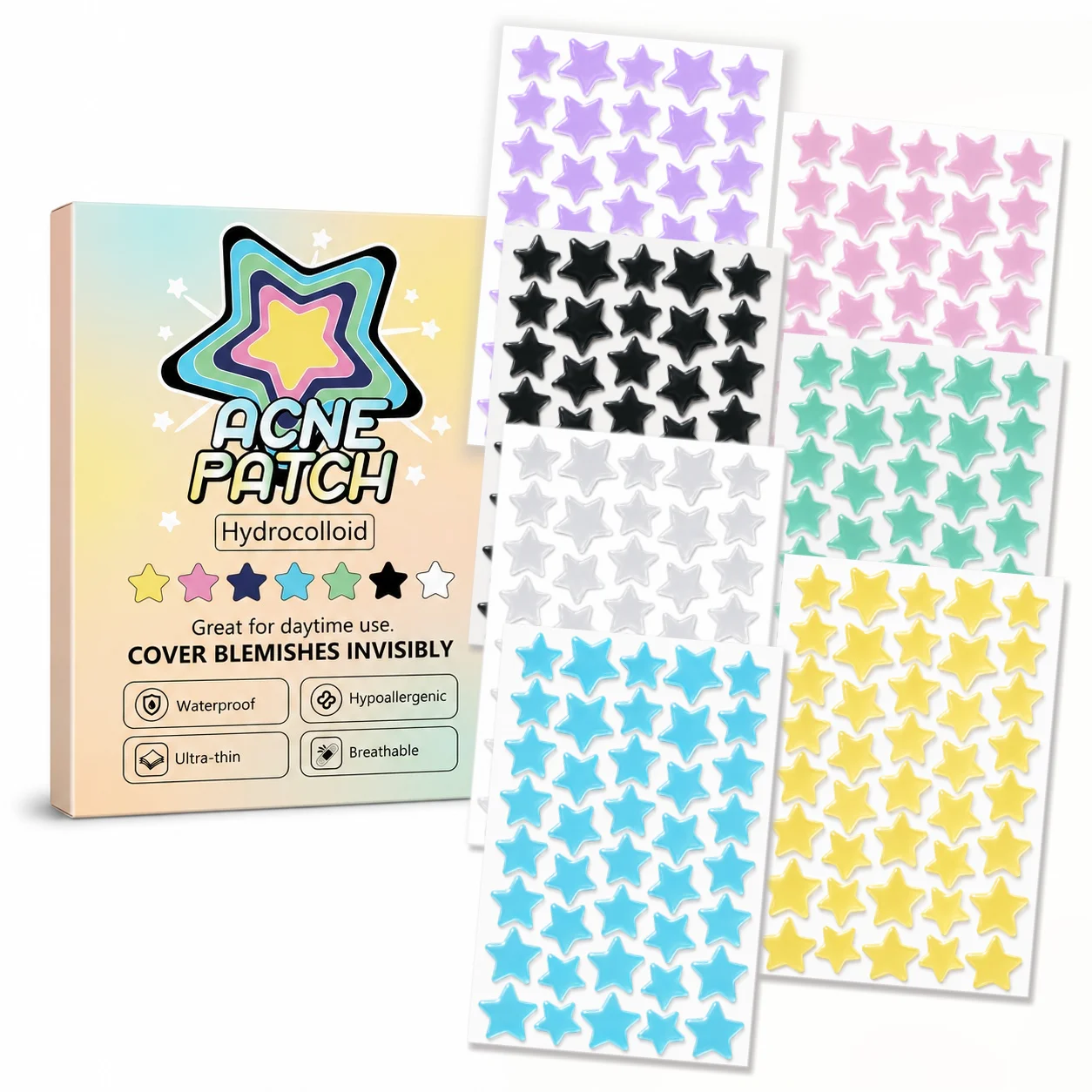 280/840/1400 Patchs Hydrocolloïdes Colorés en Forme d'Étoile, 7 Couleurs, Autocollants Ultra-Fins et Imperméables pour le Visage, Utilisation Jour et Nuit