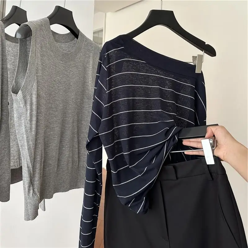Chao Level Recommendation! Summer Loose Long Sleeve T-Shirt Knitwear Stripe Transparent Slimming Versatile Cross-Shoulder Top