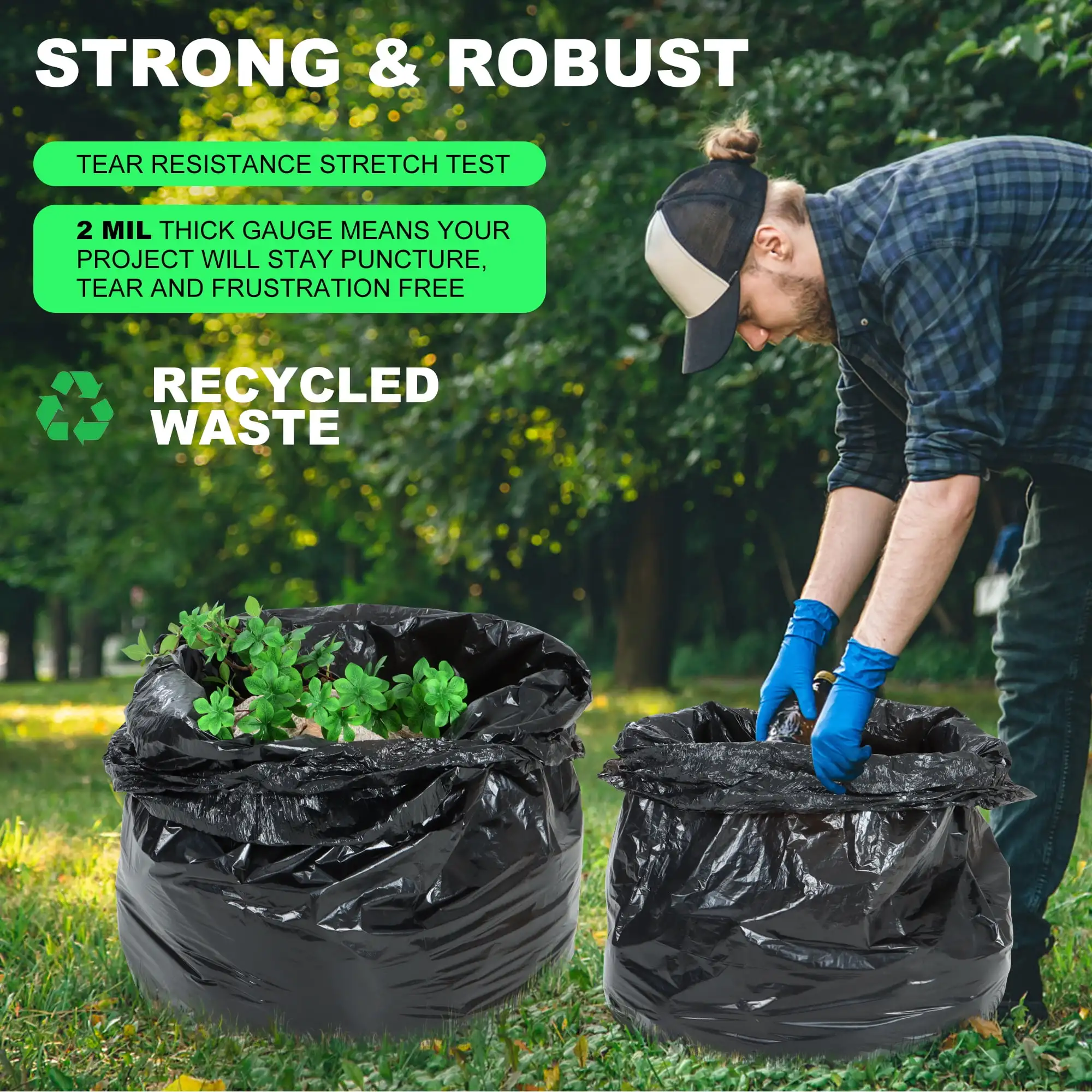 Trash Bags Contractors 40-45 Gallon 2.0 Mil 50 Count Large Garbage Bags Black, Heavy Duty Garbage Can Liners Outdoor Indoor