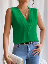 Elegant Women's Green Blouse White Shirt 2024 Summer Multi Layered V-neck Solid Tank Top Women's Black Top Майка Летняя Женская