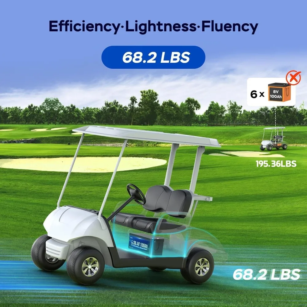 Batteria per carrello da golf al litio 36V 100Ah, protezione a bassa temperatura, caricabatterie al litio 25A aggiornato e monitor LCD, BMS intelligente integrato da 100 A