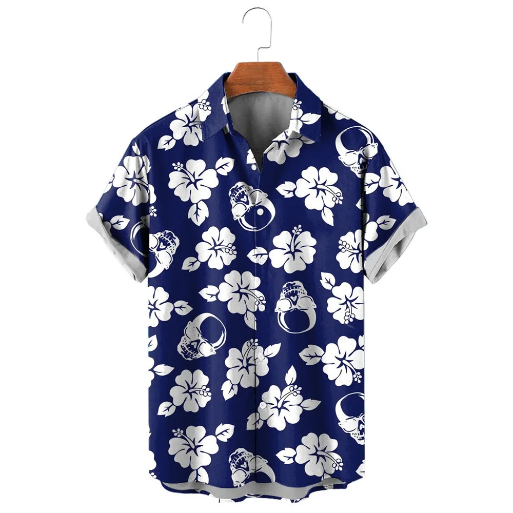 HXFashion Men's Shirts Blue White Skull Floral 3D Printed Casual Shirt Short Sleeve Beach Shirts for Men Clothing S-5XL