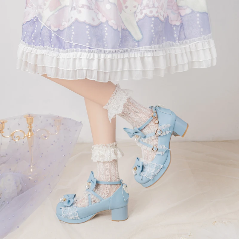 Women's Kawaii Shoes Cross Strap Pumps Cute Ankle Strap Mary Jane Shoes Cosplay Wedding Dancing Party Lace Mid Chunky Heel Pumps