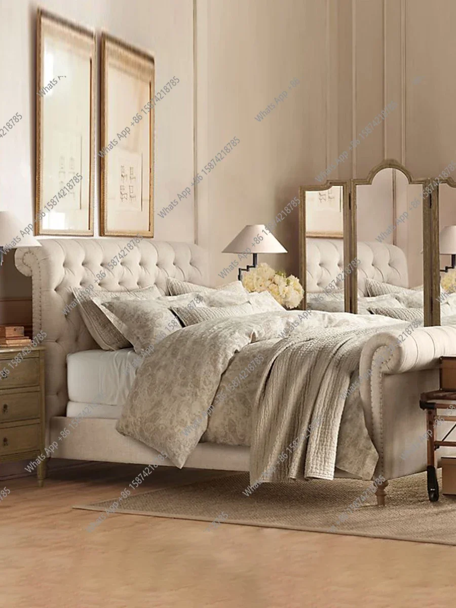 A69 American Simple Double Bed Fabric Bed 1.8m Small Apartment French Retro Button Single Bed 1.5m Technical Fabric