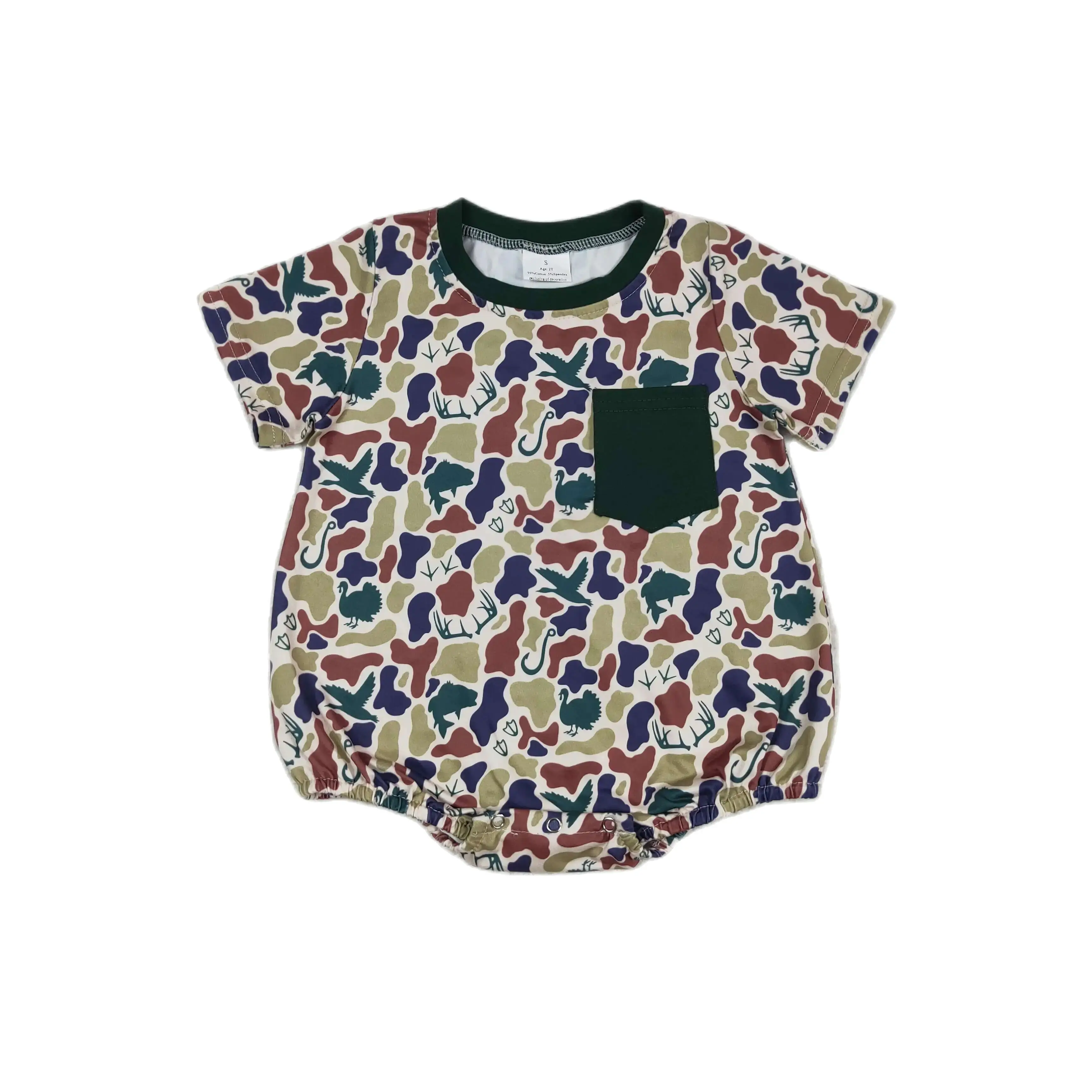 

SR1659 Kids Baby Boy Clothes Short Sleeves Top Duck Brown Green Camouflage Pocket Print With Jumpsuit Children Clothes