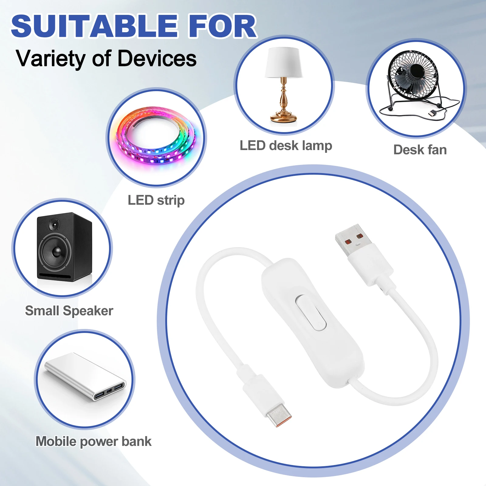 Câble d'extension USB avec interrupteur marche/arrêt 66W, charge rapide de Type C vers USB mâle, cordon d'alimentation de données pour ventilateur à bande LED, 1/2 pièces