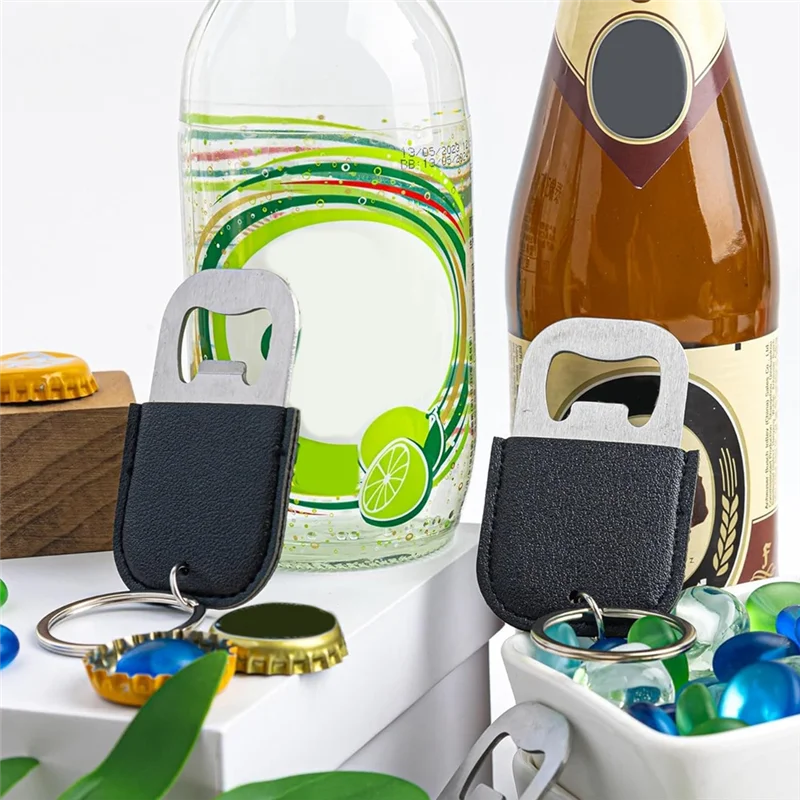 BHBD-24Pack PU Bottle Opener Keychain Stainless Steel Beer Openers Blanks For Wedding Partys Favors Black