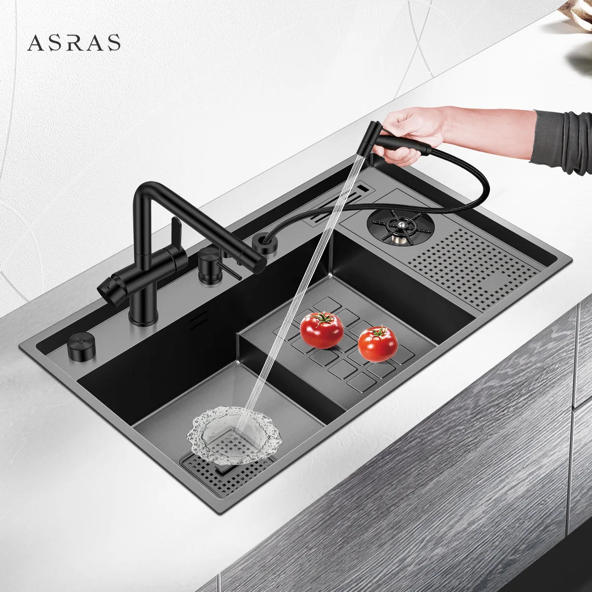 

ASRAS 8448NJ High and Low Stepped Sink Black Nano Cup Washer Basin 304 Stainless Steel Manual Kitchen Sink with Cup Rinser