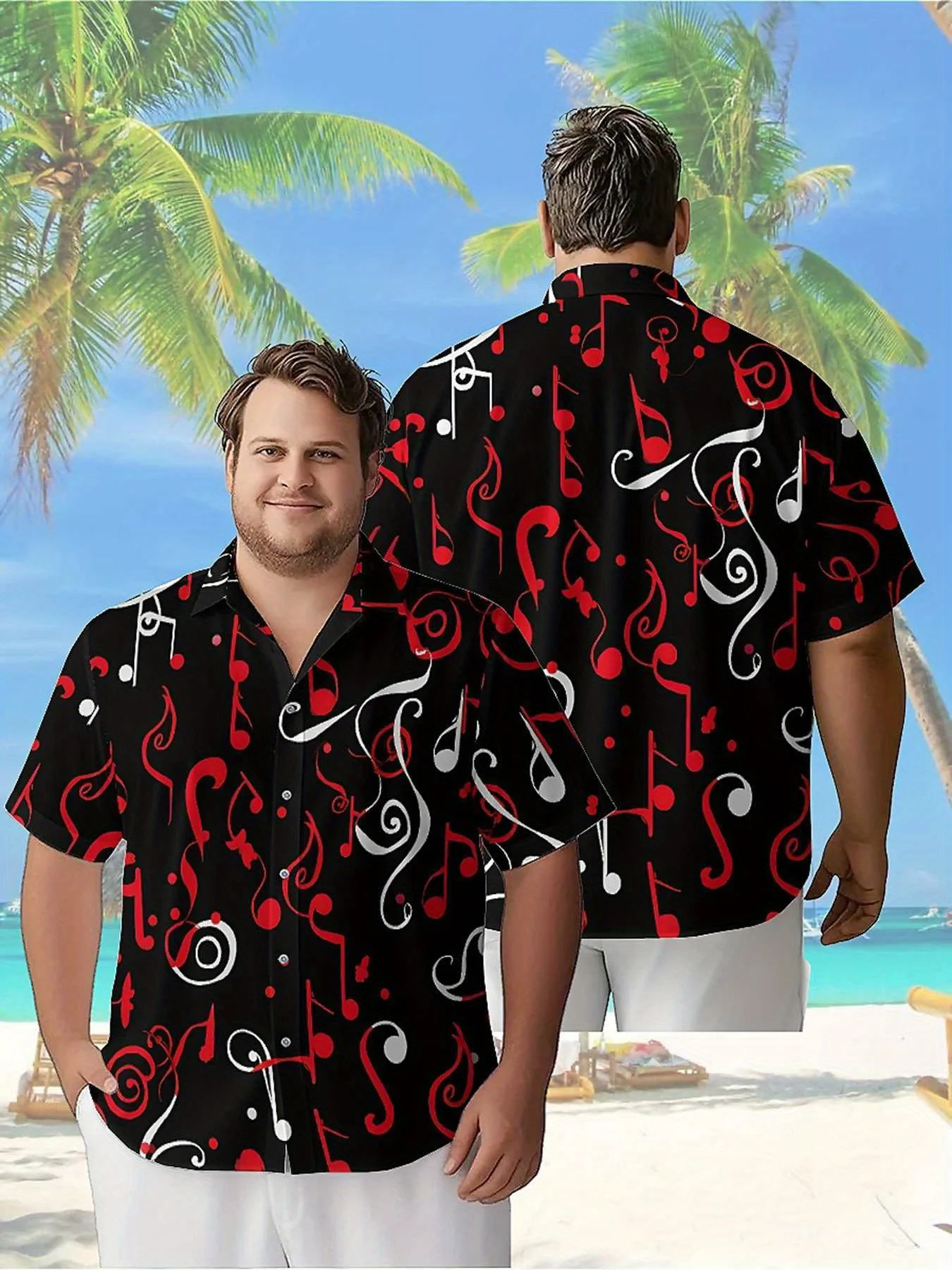 

Men's Plus Size Hawaiian Shirts Red and Black Interwoven World of Musical Notes pattern, Aloha Shirts,summer Tops Tee,streetwear