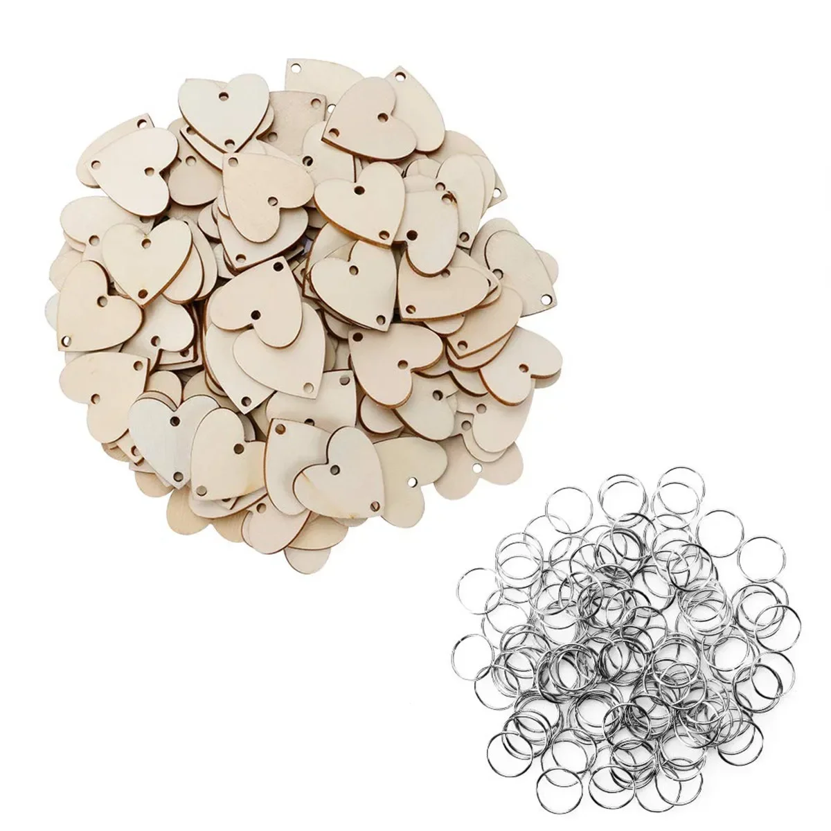 50 Pieces Round Heart Shaped Wooden Discs Wood Tags with 2 Holes and 50 Pieces Rings for Birthday Board Calendar DIY Crafts