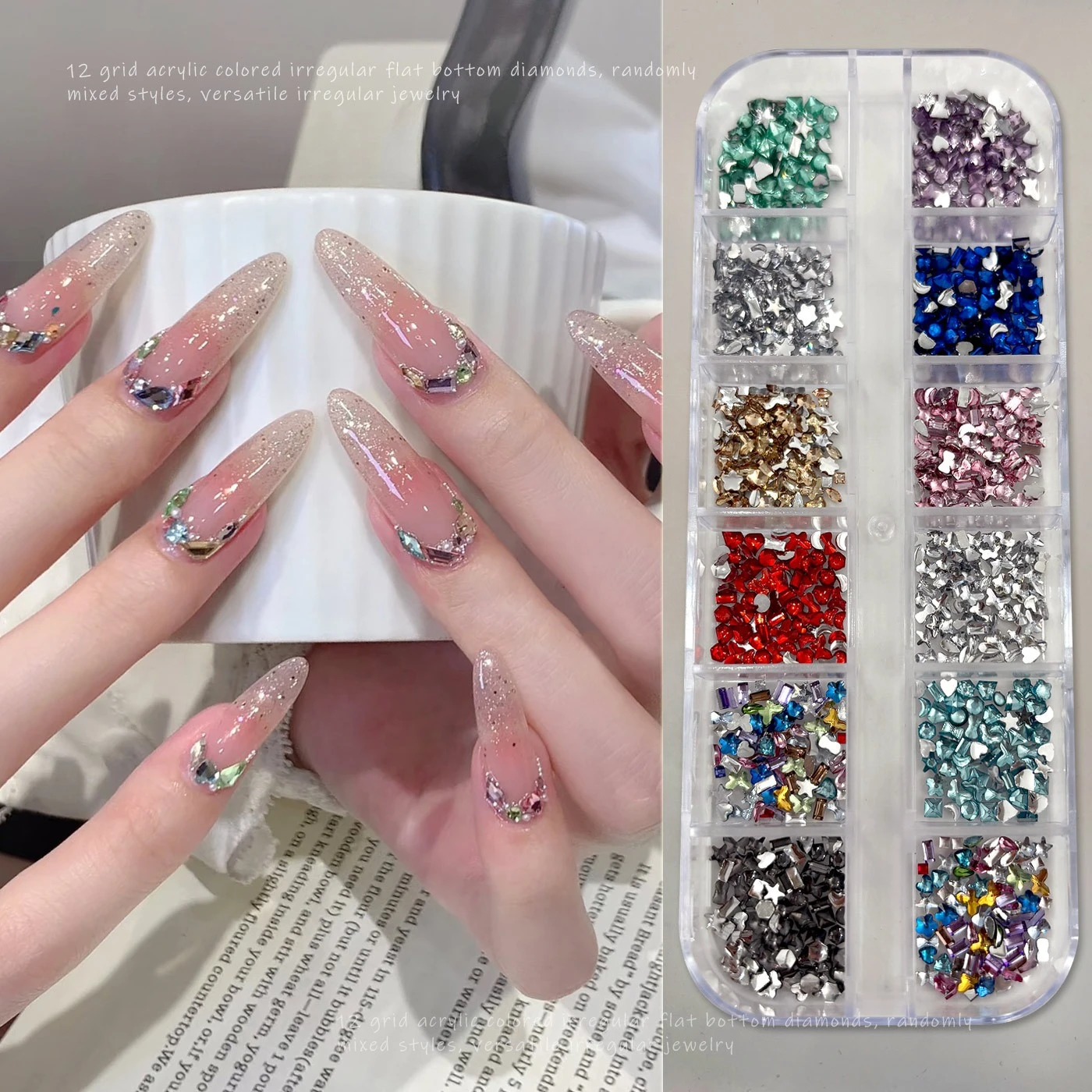 1Set 12 Grids Colorful Irregular Nail Rhinestones, Champagne White Acrylic Flat Back Gems, DIY Small Nail Art Accessories