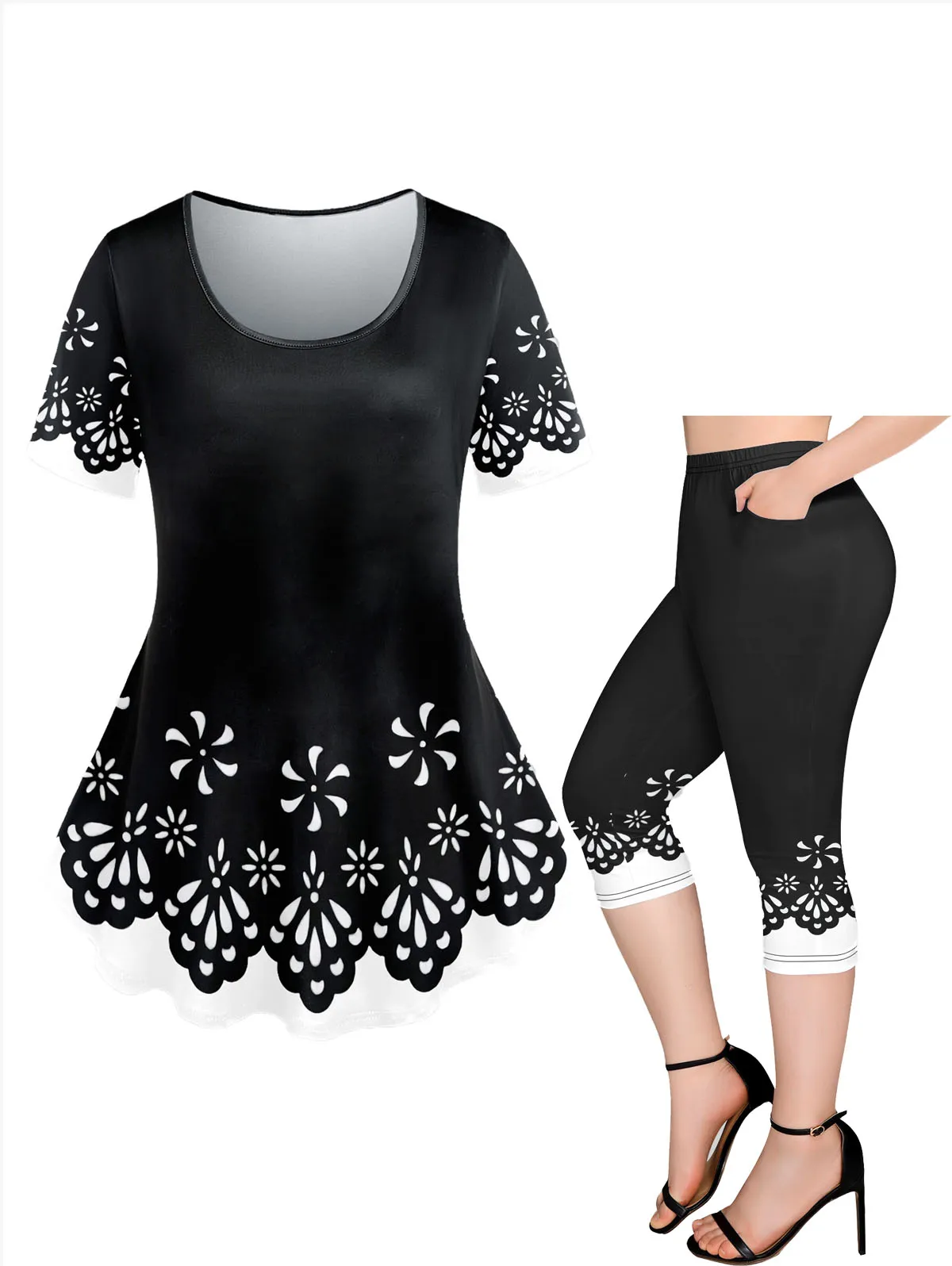 

Plus Size Short Sleeves T-shirt Or Pocket Capri Leggings Women's Floral Printed Outfit Spring,Summer Casual Matching Set