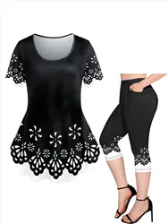 Plus Size Short Sleeves T-shirt Or Pocket Capri Leggings Women's Floral Printed Outfit Spring,Summer Casual Matching Set