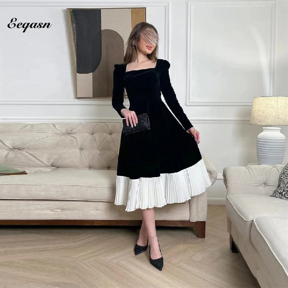 

2024 Black White Prom Dress Long Sleeves Velvet A-line Square Collar Evening Fashion Elegant Party Dresses For Women