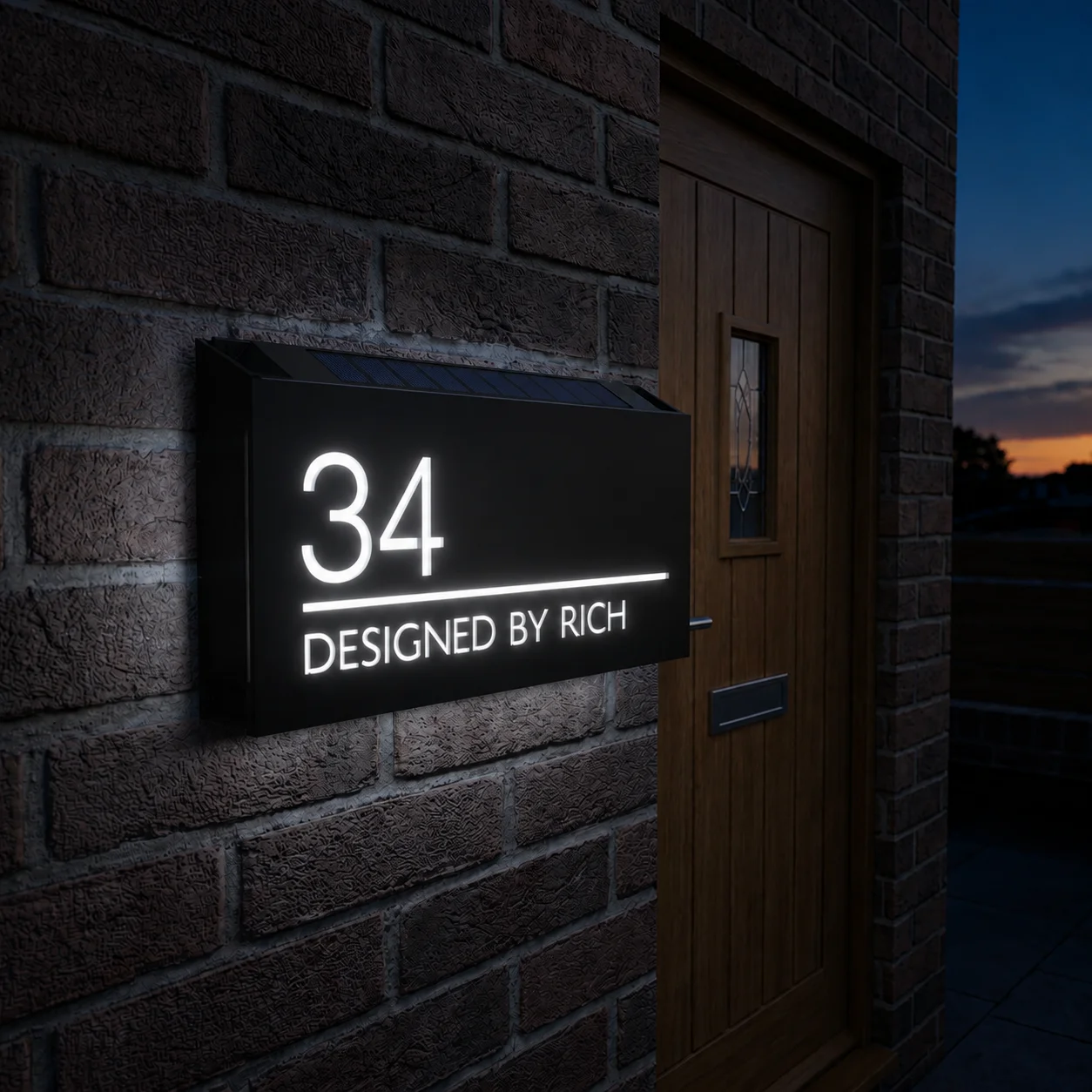 Modern Solar LED House Number Sign Matte Black  Grey Address Plaque with Top Solar Panel Auto Light Up Outdoor Door Number Plate