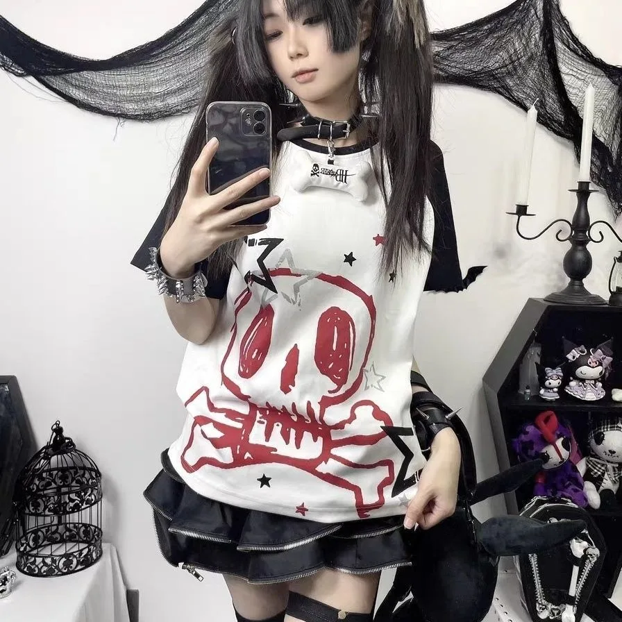 

Cool Subculture T-shirt Girls Youthful Summer New Loose Patchwork Short-sleeved Street Women Top Goth Popular Vintage Tees