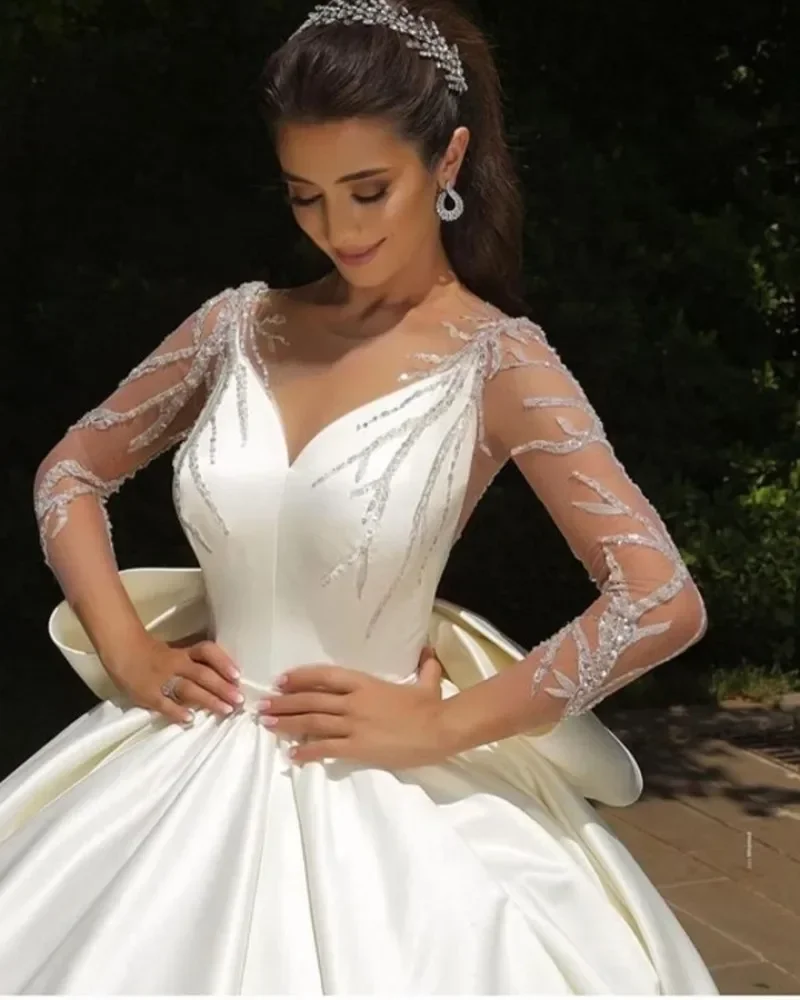 Customized  Scoop Neck Sequins Long Sleeves Wedding Dress Vestidos De Casamento  Puffy Satin Garden Plus Size Bridal Gowns