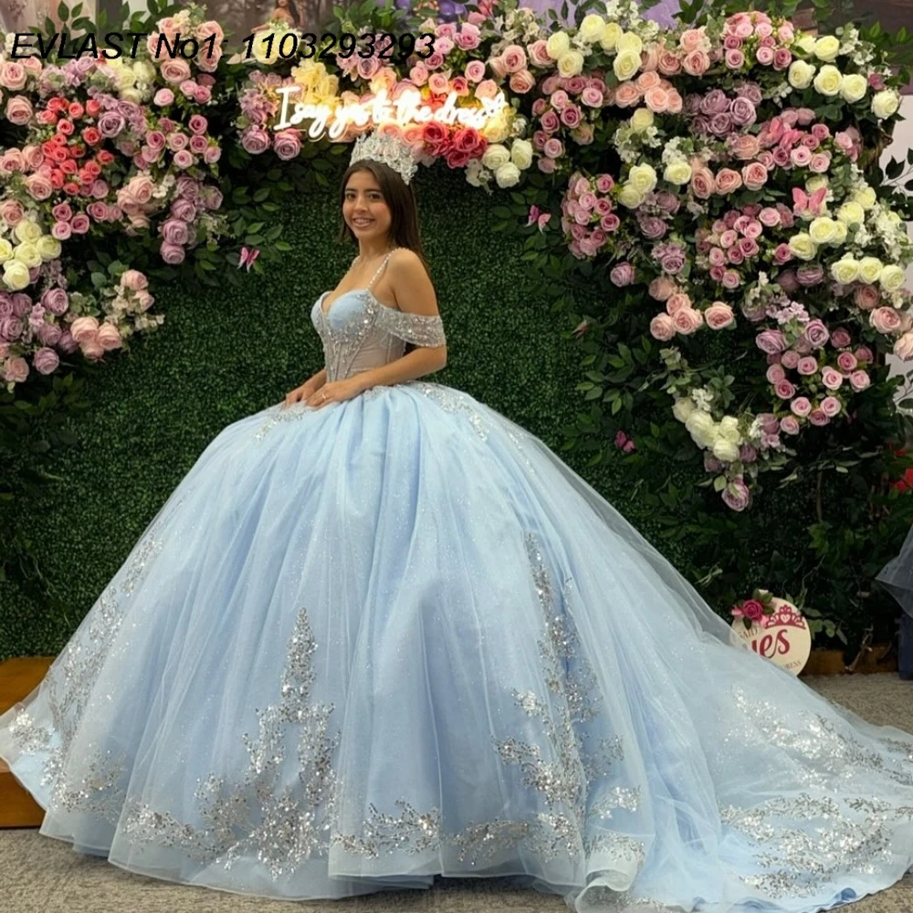 

EVLAST Customized Glitter Sky Blue Lace Ball Gown Quinceanera Dress Silver Beading Corset Sweet 16 Vestidos De 15 Anos E1Q553