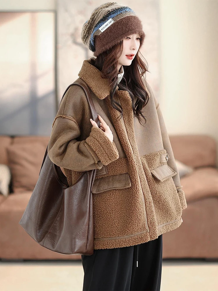 Amax LuluE European Winter Womens Fashion Warm Faux Leather Jackets Ladies Loose Casual Fur PU Coats Thicken Vintage Outerwear