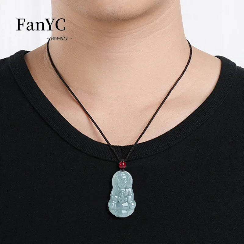 Myanmar A-goods Jadeite Blue Water Guanyin Buddha Pendant Fashion Simple Men and Women Ice Jade Necklace Lucky Amulet