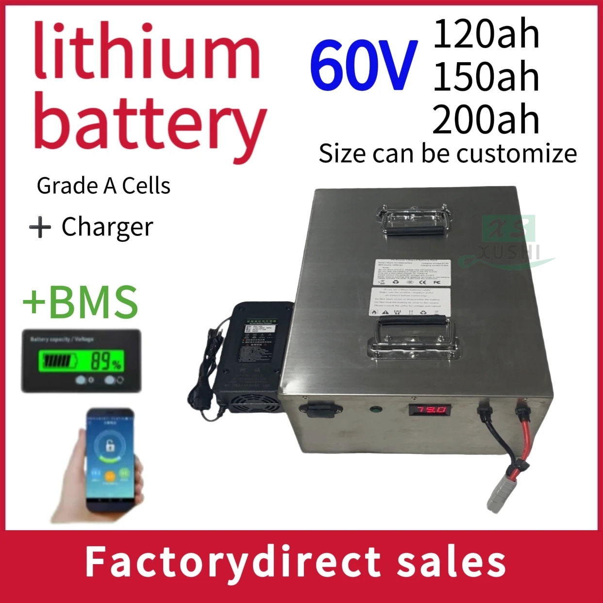 

waterproof lithium battery 60V 150AH li ion battery With BMS for 6000W scooter AGV demo Go Cart bike +10A charger