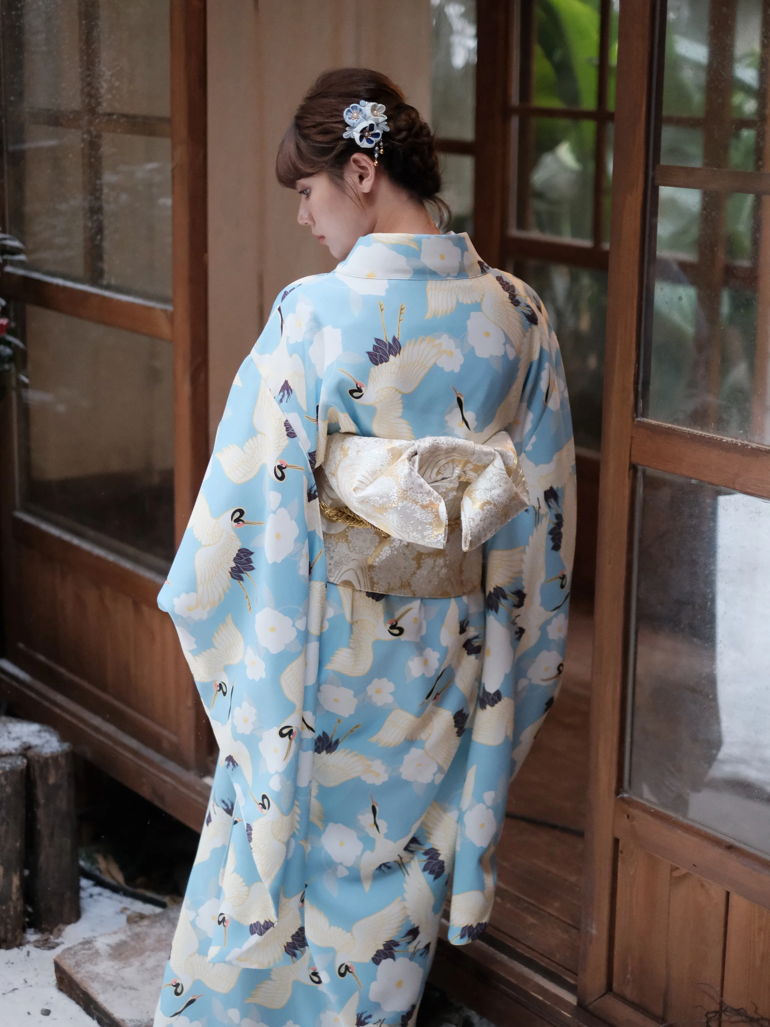 Femmes Japonais Traditionnel Furisode Kimono Bleu Couleur Grue Imprime Yukata Robe Cosplay Costume Photographie Robe