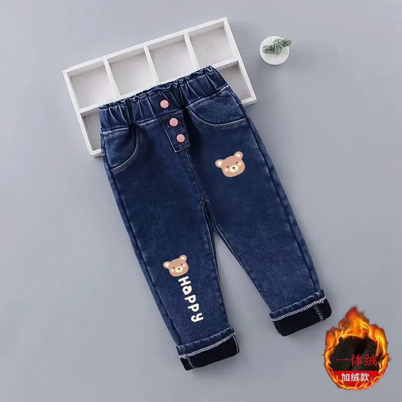 New Winter Baby Girls Plush Denim Pants Toddler Kids Cartoon Butterfly Printing Jeans Children Fashion Leisure Keep Warm Trouser